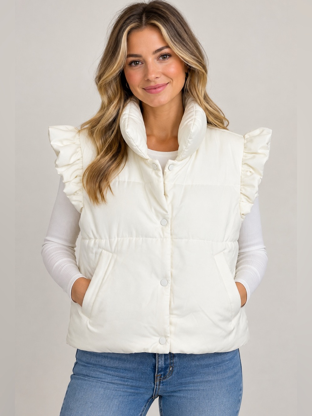 Ruffled Sleeve Quilted Puffer Vest - White